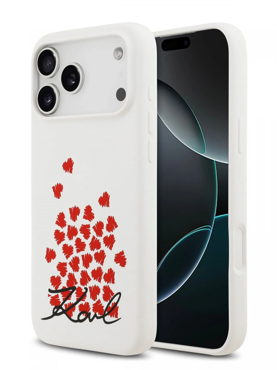 Накладка Lagerfeld для iPhone 17 Pro Liquid Silicone Hearts (MagSafe), Белая (KLHMP17LSMHBKSOH). Фото 1