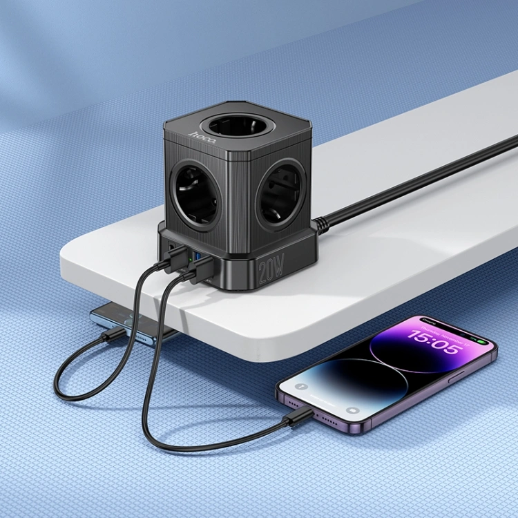 Сетевой фильтр Hoco NS8 (5 гнезд, 3USB/1USB-C, 20w, 2м), Black. Фото 5