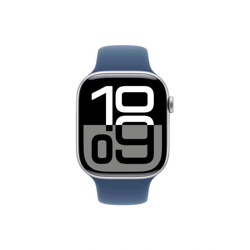 Apple Watch Series 10, 42 мм, cеребристый алюминий, спортивный ремешок цвета "Denim", S/M (MWWA3). Фото 2