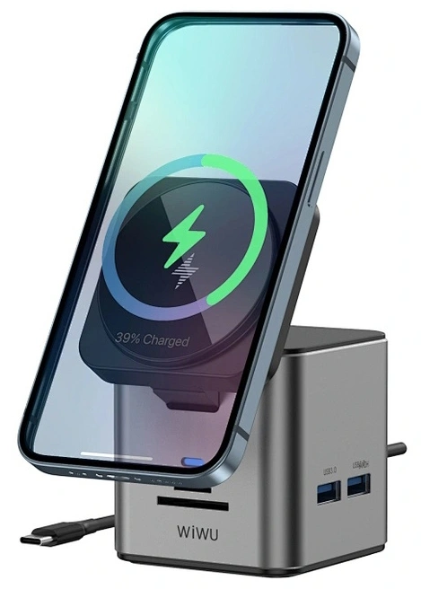 Хаб с беспроводной зарядкой Wiwu Cube Hub 9 в 1 USB-C Docking Wi-W025, Серый. Фото 1