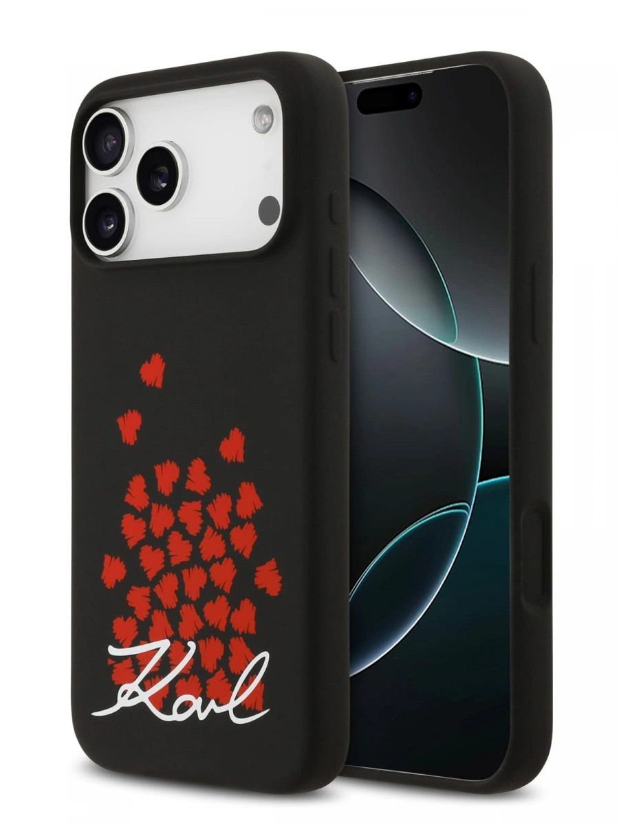 Накладка Lagerfeld для iPhone 17 Pro Liquid Silicone Hearts (MagSafe), Чёрный (KLHMP17LSMHBKSOK). Фото 1
