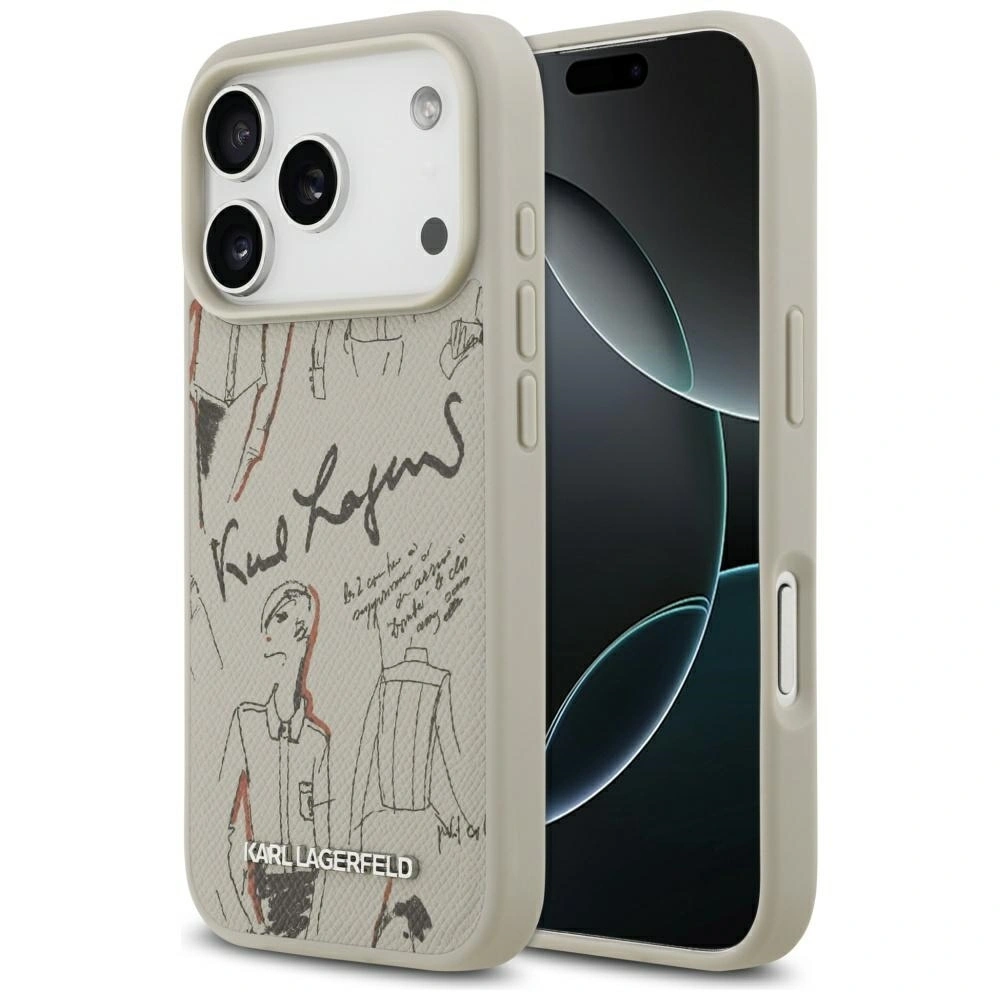 Накладка Lagerfeld для iPhone 17 Pro Max PU Grained leather Sketch with Metal logo (MagSafe), Серый (KLHMP17XPGGRMPKG). Фото 1