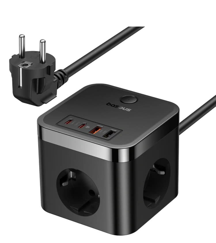 Сетевое зарядное устройство Baseus PowerCombo Cube Power Strip 3AC+2U+2C 30W 1.5m, Чёрное (E00066400117-00). Фото 1