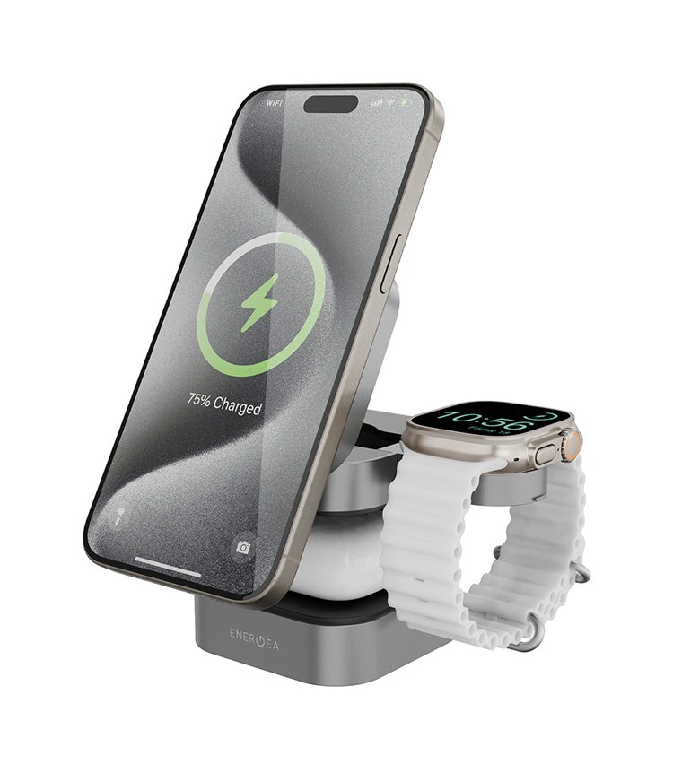 Беспроводная зарядная станция EnergEA MagCube 3-in-1 Magnetic Foldable wireless 15W Qi2.0 + TWS + MFW, Бронза (MAG-CUBE-GUN). Фото 1