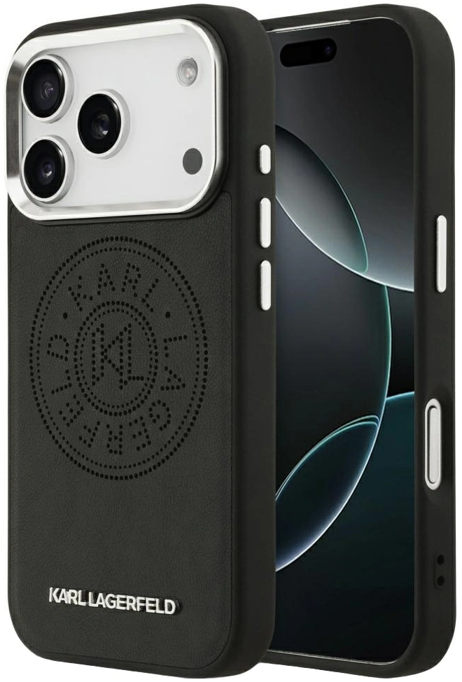 Накладка Lagerfeld для iPhone 18 Pro/17 Pro PU Perforated Round logo Met cam Hard (MagSafe), Black (KLHMP18LPSKRPMK). Фото 1