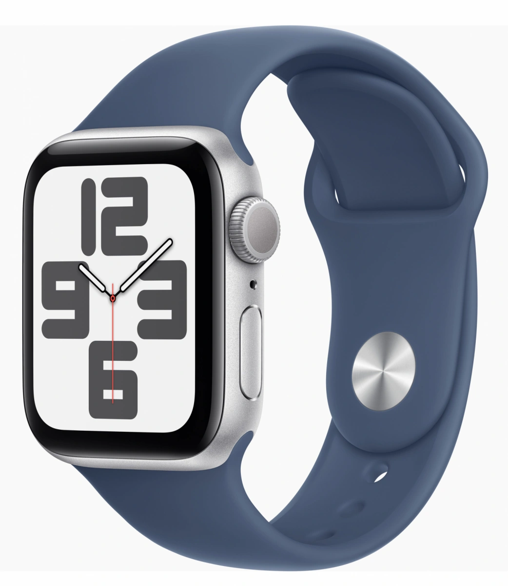 Apple Watch SE 2024, 40 мм, алюминий цвета "серебро", Denim Sport Band, M/L (MXED3). Фото 1