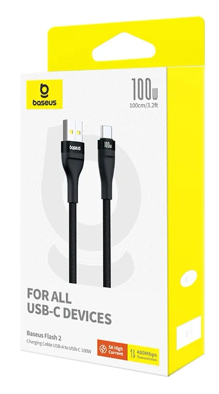 Кабель Baseus Flash 2 Charging Cable USB to Type-C 100W 2m, Чёрный (P10311804111-01). Фото 3