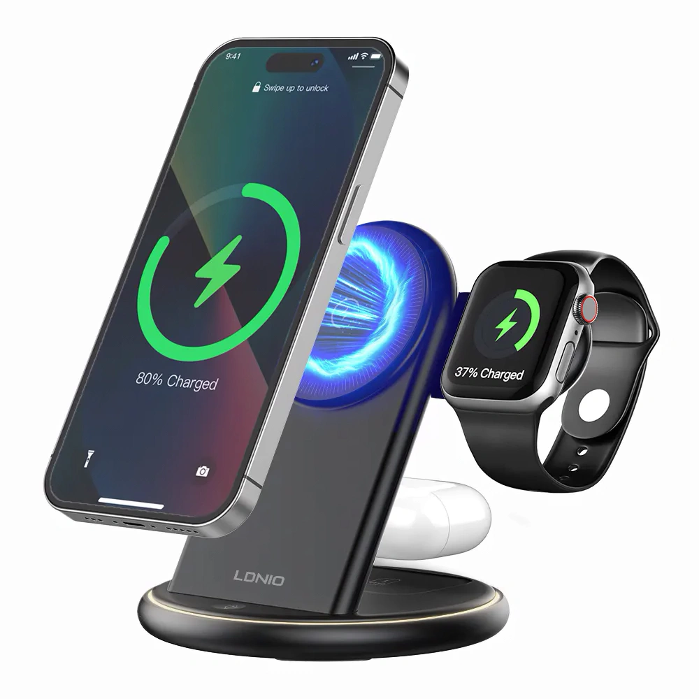 Беспроводное зарядное устройство LDNIO 5 IN 1 Desktop Wireless Charging Station 15W, Чёрное WL02. Фото 1