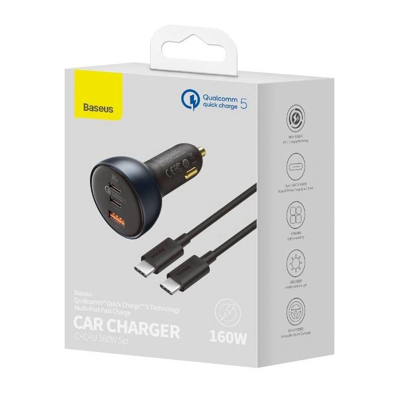 Автомобильное зарядное устройство Baseus Qualcomm Quick Charge 5 C+C+U 160W с кабелем Type-C to Type-C 100W, Черный (TZCCZM-0G). Фото 7