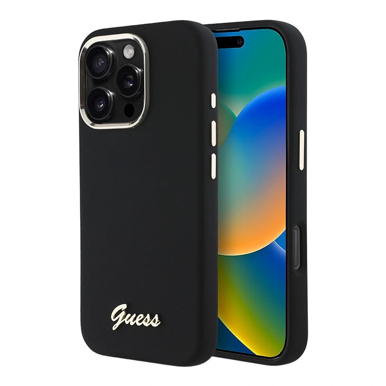 Накладка Guess для iPhone 16 Pro Max Liquid silicone Gold metal logo & Camera frame Hard Black (GUHCP16XSMBSLK). Фото 1