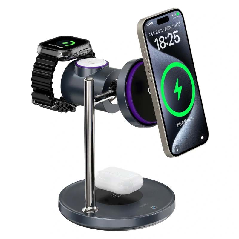 Беспроводная зарядная станция Wiwu Qi2 3-в-1 с док-станцией Magic Cube с автоматическим вращением 25W, Grey (Wi-W041). Фото 2