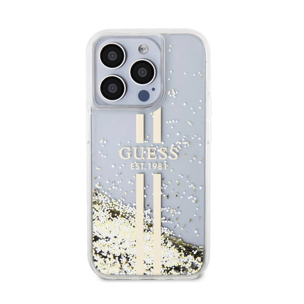 Накладка Guess для iPhone 15 Pro Liquid Glitter Gold Stripes Hard, Transparent (GUHCP15LLFCSEGT). Фото 3