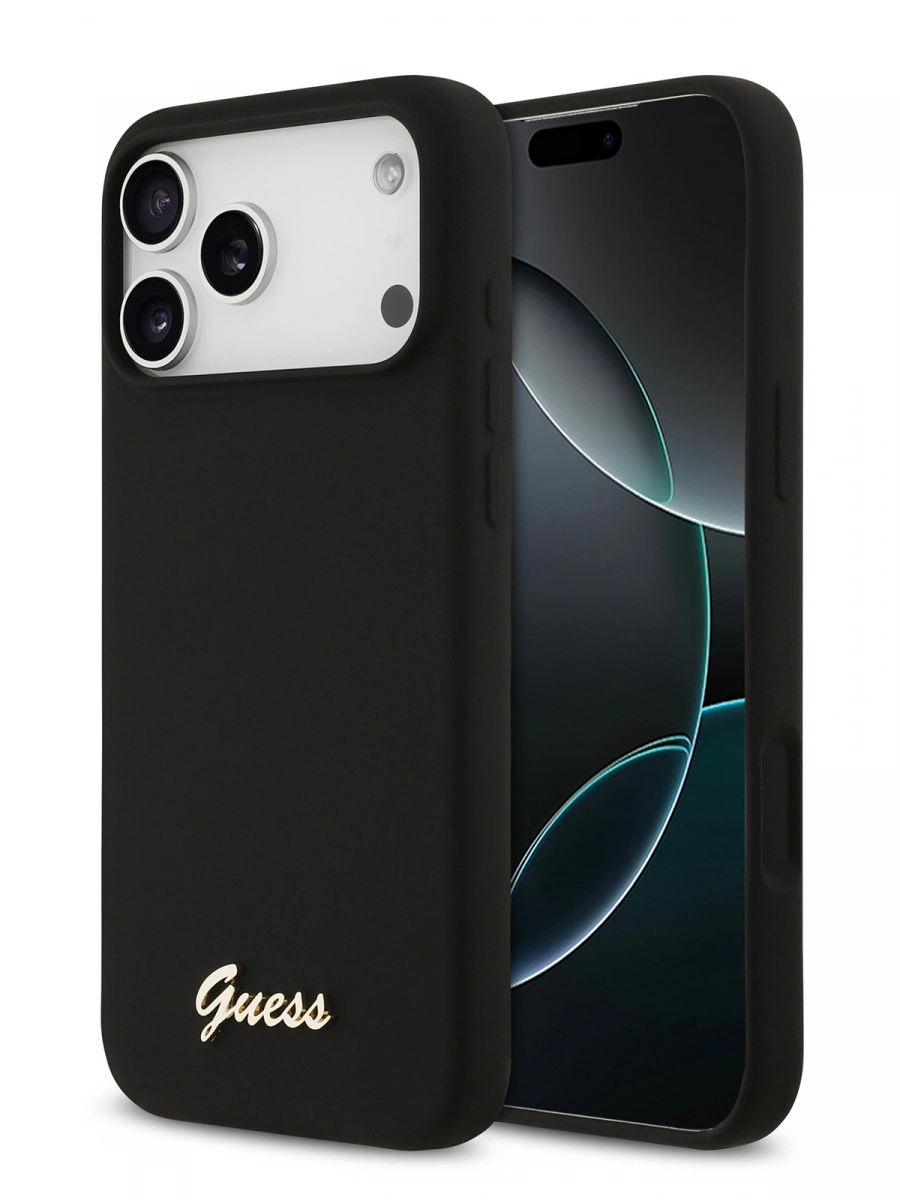 Накладка Guess для iPhone 17 Pro Liquid silicone Gold metal logo (MagSafe), Hard Black (GUHMP17LSMBSLK). Фото 1