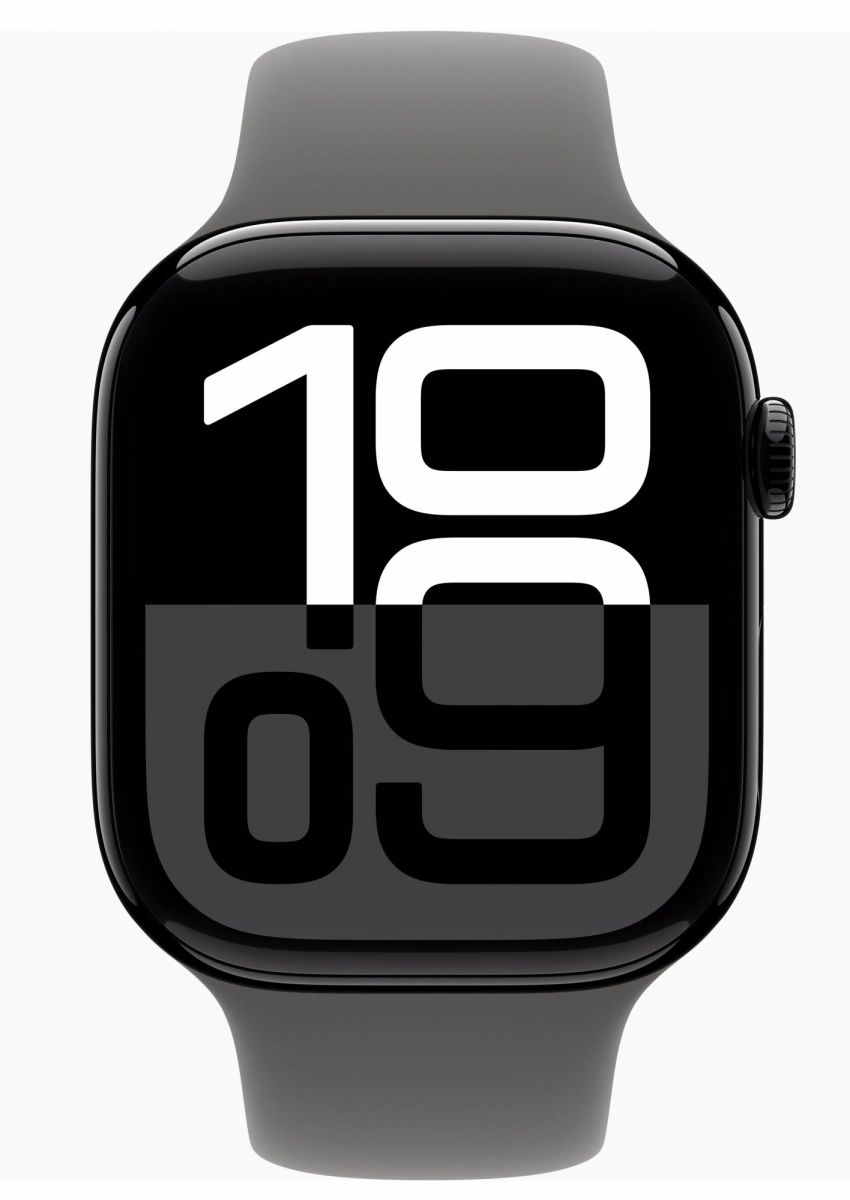 Apple Watch Series 10, 42 мм, алюминий цвета «чёрный глянец», спортивный ремешок цвета "Stone Gray", размер M/L (MWWX3). Фото 2