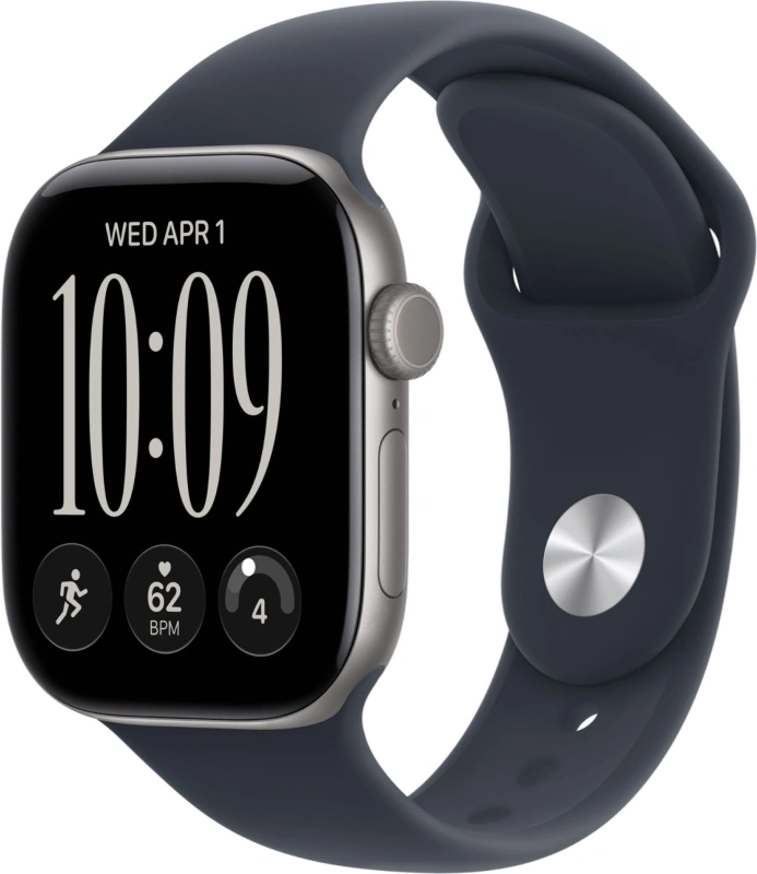 Умные часы Apple Watch Series 12 GPS, 42мм, Серый космический алюминиевый корпус, спортивный ремешок тёмно-синего цвета, размер S/M 130-180 мм (MJE74). Фото 1