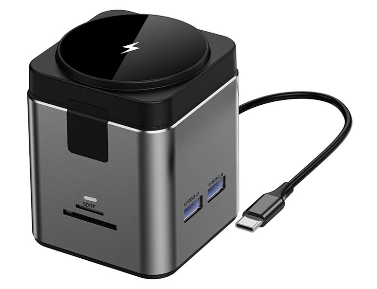 Хаб с беспроводной зарядкой Wiwu Cube Hub 9 в 1 USB-C Docking Wi-W025, Серый. Фото 4