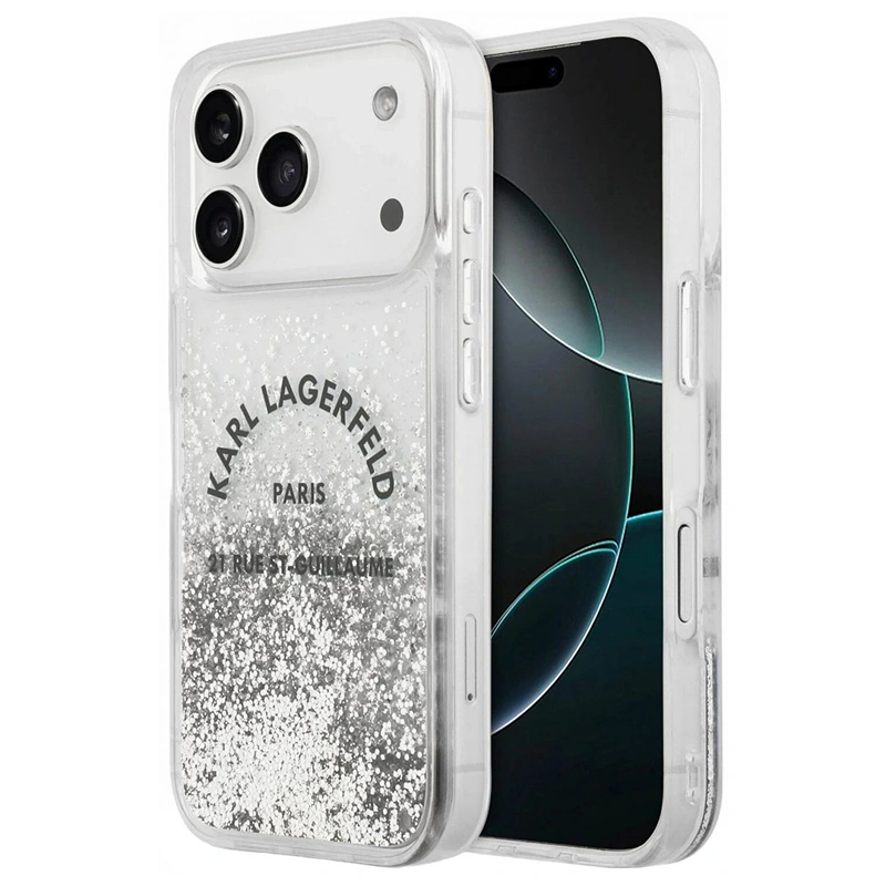Накладка Lagerfeld для iPhone 17 Pro Max Liquid Glitter RSG logo Hard, Серебряная (KLHCP17XLCRSGPS). Фото 1
