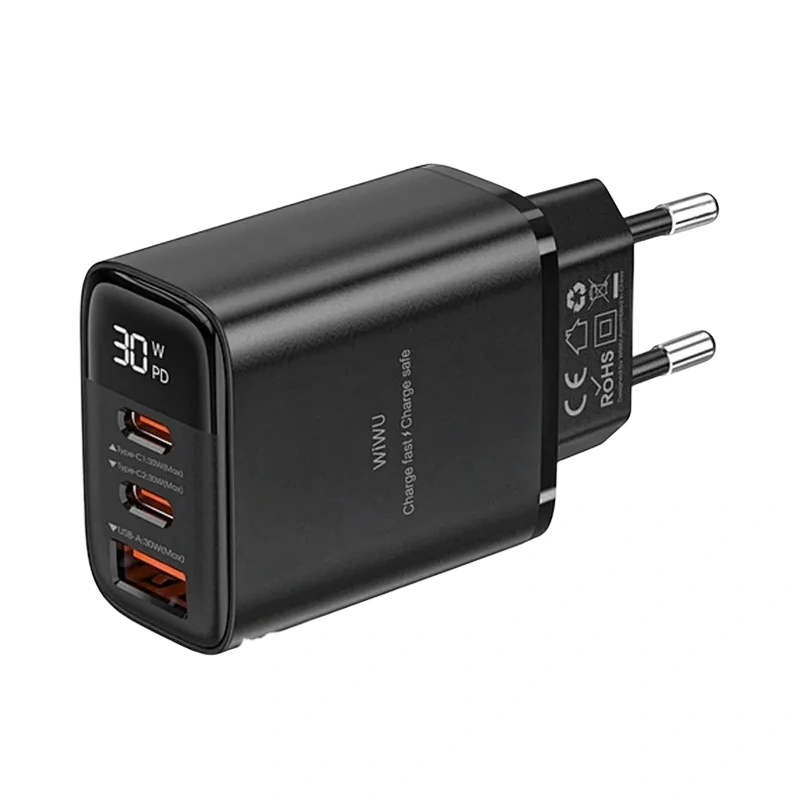 Сетевое зарядное устройство Wiwu Wiwu Firefly 30W GAN Fast Charger USB-C-2 USB-A-1, Black (Wi-G010). Фото 2