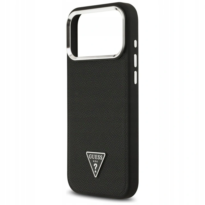 Накладка Guess для iPhone 17 Pro Max PU Grained leather Triangle metal logo & Cam (MagSafe), Чёрная (GUHMP17XPGTSPSK). Фото 6