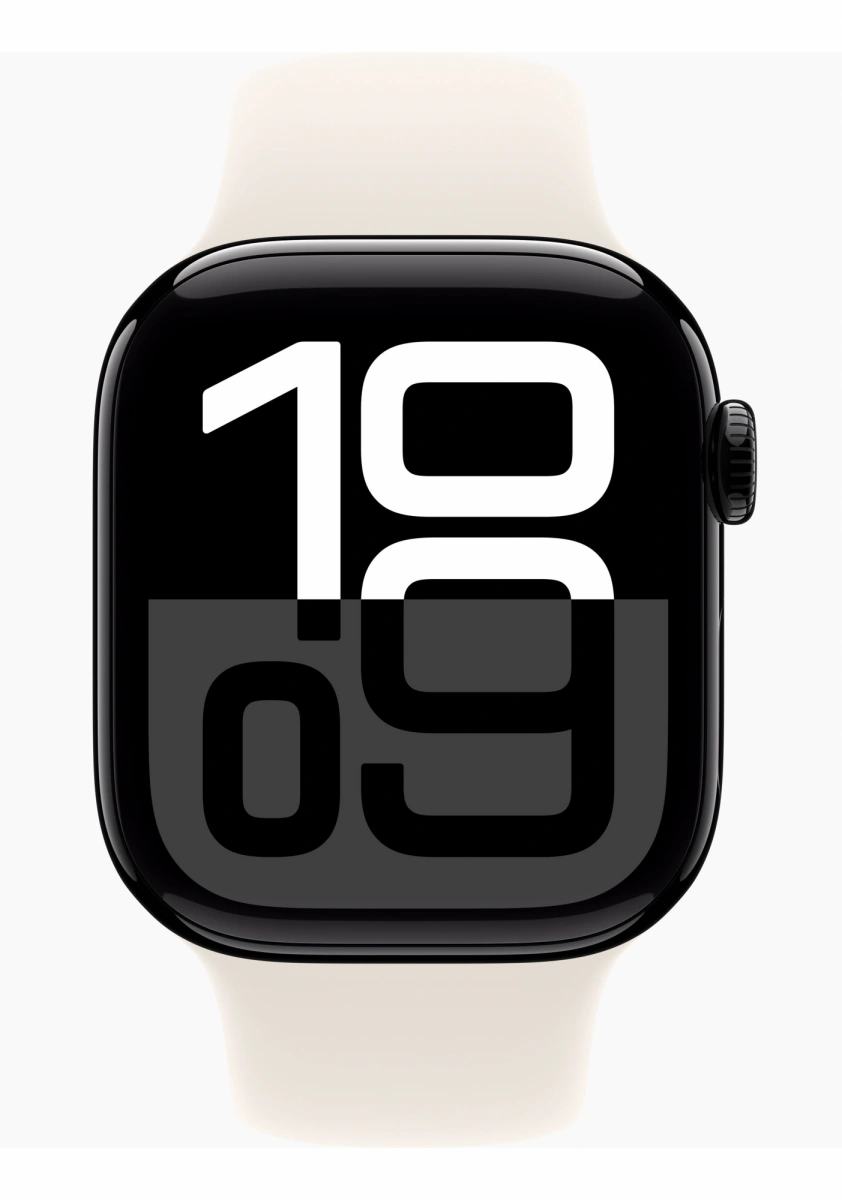 Apple Watch Series 10, 42 мм, алюминий цвета «чёрный глянец», спортивный ремешок цвета "Starlight", размер S/M (MWWX3). Фото 2