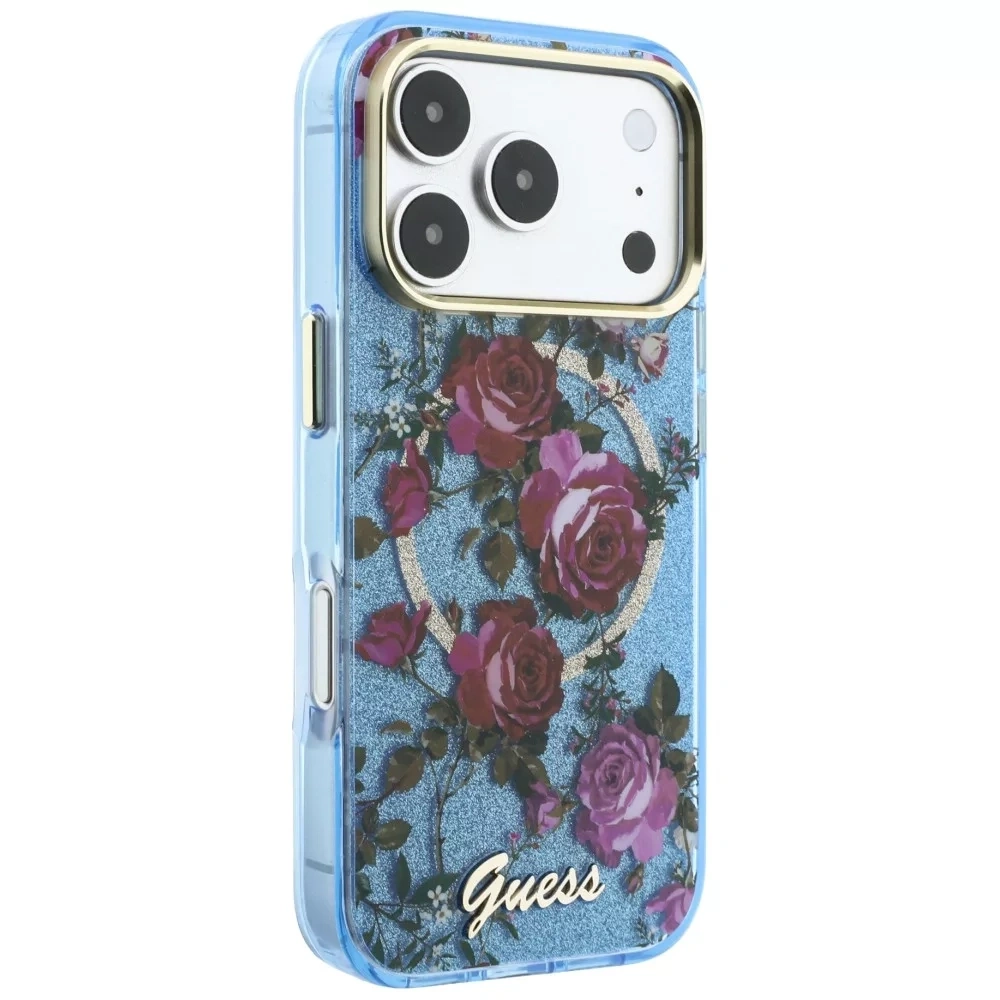 Накладка Guess для iPhone 18 Pro / 17 Pro IML Glitter Flowers Roses Metal Logo&Cam Hard (MagSafe), Light Blue (GUHMP18L6HTBGSLB). Фото 3
