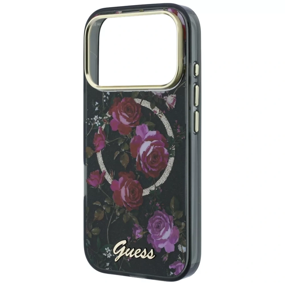 Накладка Guess для iPhone 18 Pro / 17 Pro IML Glitter Flowers Roses Metal Logo&Cam Hard (MagSafe), Black (GUHMP18L6HTBGSLK). Фото 5