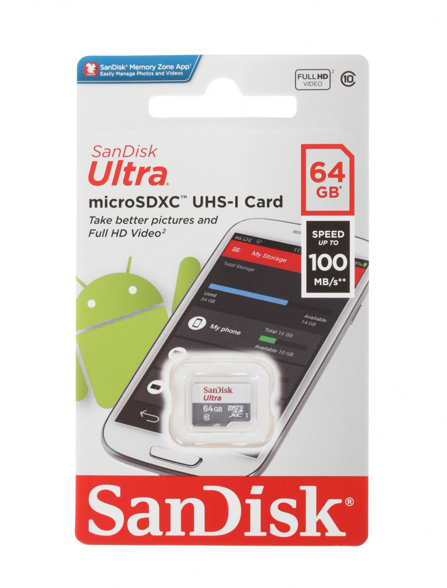 Карта памяти Sandisk 64GB MicroSD Class 10 (SDSQUNR-064G-GN3MN) 100мб/с. Фото 1