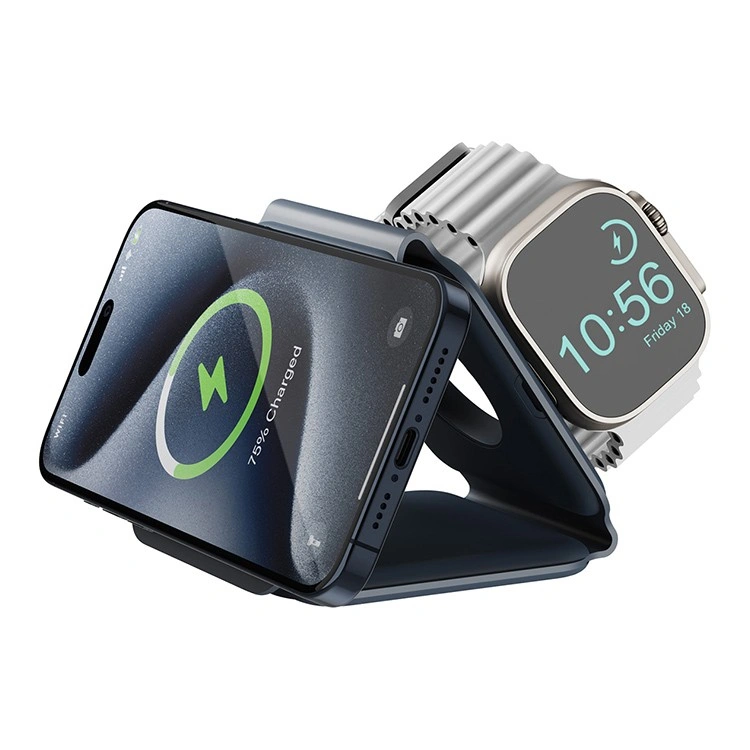 Беспроводное зарядное устройство EnergEA Bazic GoMag Trio PLUS magnetic wireless foldable 15W, Blue (GM-TRIOPLUS-BLU). Фото 1