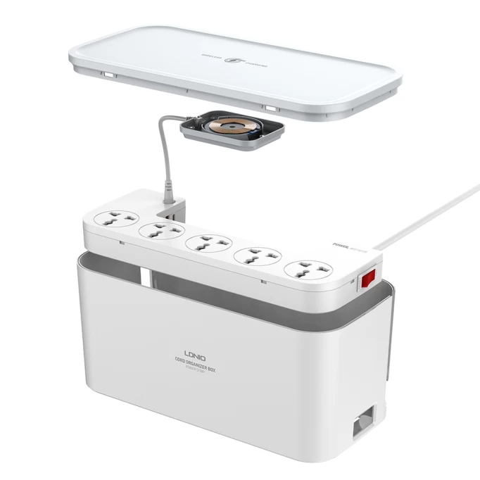 Сетевой фильтр в боксе LDNIO Organizing Box Power Strip 15W Wireless Charger with 20W PD+QC - 5 розеток, 2 USB, 1 USB-C, 2m, Белый (SCW5354)