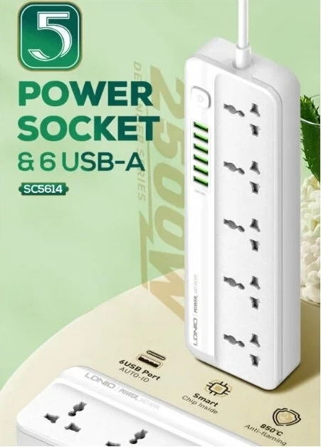 Сетевой фильтр LDNIO Power Strip Surge Protector 2500W, 5 розеток, 6 USB, 2м, Белый (SC5614)