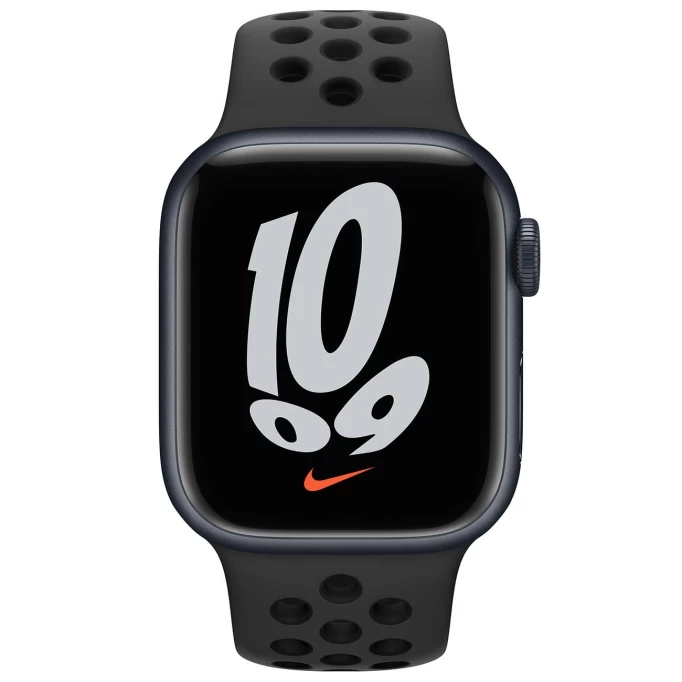 Apple Watch Nike Series 7, 45 мм, алюминий цвета "тёмная ночь", спортивный ремешок Nike цвета "антрацитовый/чёрный" (MKNC3)