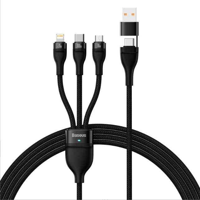 Кабель Baseus Flash Series Two-for-three Charging Cable U+C to M+L+C 100W 1.2m, Чёрный (CASS030101)